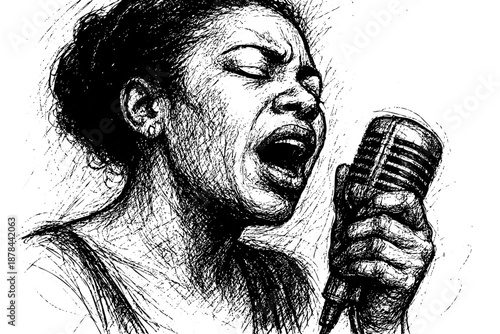 Woman singing into a microphone. The image is black and white