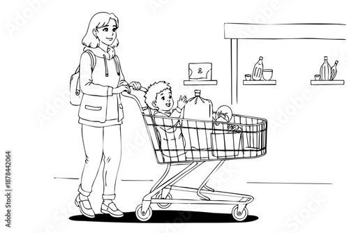 Woman is pushing a shopping cart with a child in it. The child is smiling and seems to be enjoying the shopping trip. The woman is holding a backpack and a handbag, and there are several bottles