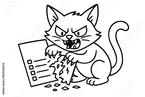 Cat is eating a piece of paper with a check on it. The cat is angry and is biting the paper