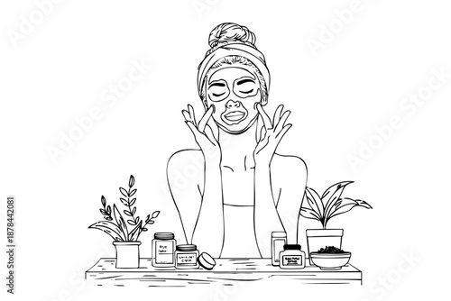 Woman is sitting at a table with a plant in front of her. She is applying a mask to her face
