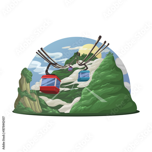 Mountain Cable Car Gondola Lift Landscape Illustration Vector