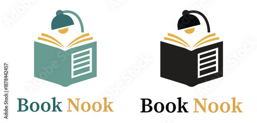 Book Nook Logo Design Featuring Open Book and Reading Lamp - Professional Branding for Libraries, Bookstores, Publishing Houses and Literacy Programs