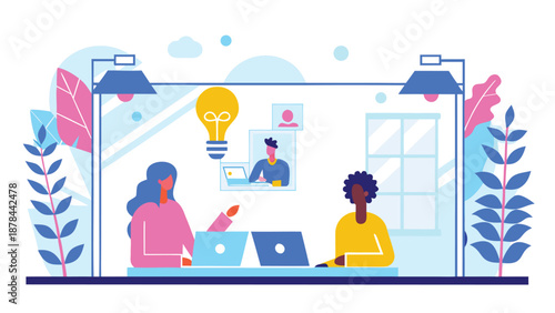 Diverse coworkers brainstorming with laptops and lightbulb moment in modern office cubicle with plants