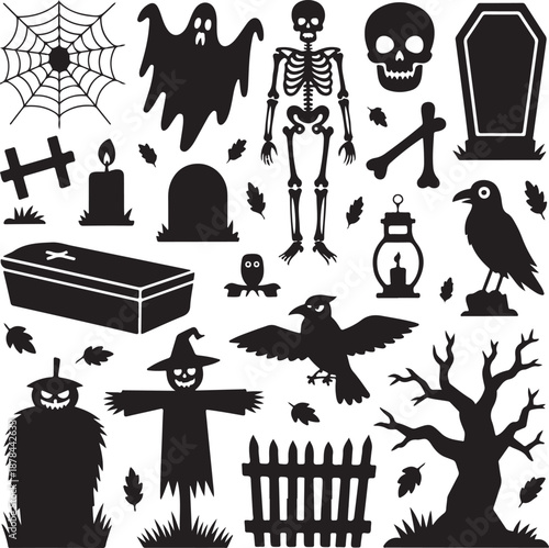 black silhouette halloween icons set including skeleton and coffin  various spooky symbols