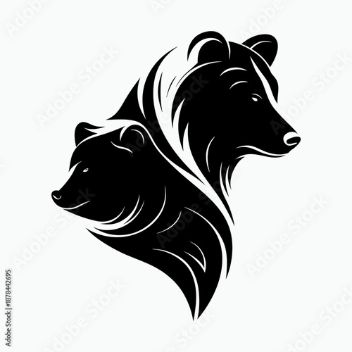 Two illustrated bear heads with flowing fur in black silhouette  