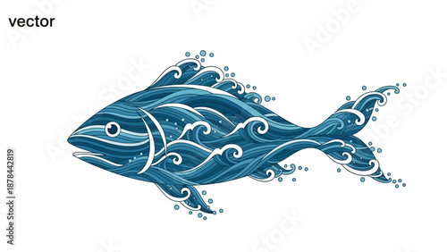 Abstract Fish Illustration with Blue Water Waves and Bubbles