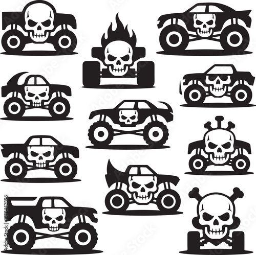 Black silhouette monster trucks with skulls and crossbones on white background