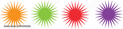 Vibrant abstract starburst shapes in colorful geometric symmetry, modern decorative radial sunburst design elements in orange, green, red, and purple on white background