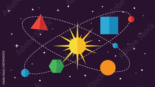 Abstract Geometric Shapes Orbiting Sun in Space Illustration