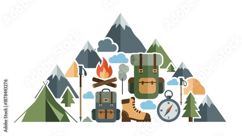 Adventure Camping Gear and Mountain Landscape Flat Icons