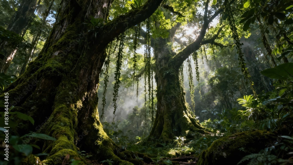 Fototapeta premium Sunlight rays penetrate humid rainforest canopy, illuminating moss covered ancient tree trunks and hanging vines.