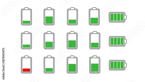 Battery Charge Level Icons: Full, Half, Low, Empty, Charging