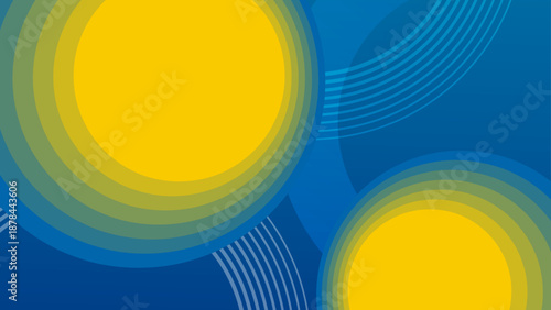 Vibrant navy blue backdrop with yellow glowing rounded shapes and circular line patterns