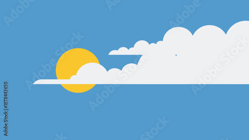 Bright Sun behind Fluffy Clouds on Blue Sky - Flat Design Illustration