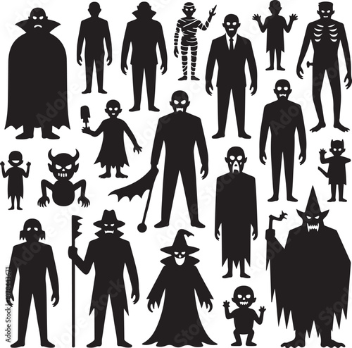 Black silhouettes of various Halloween monsters and characters on white background