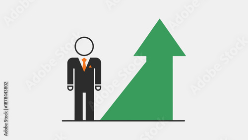 Businessman standing next to a green upward arrow, concept of business growth and success