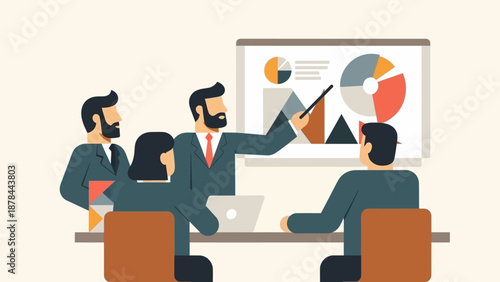 Business team meeting, presenting charts on whiteboard, office presentation illustration