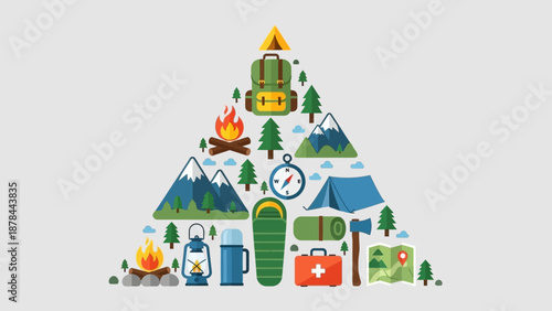 Camping Adventure Gear Arranged in Triangle Shape, Outdoor Recreation Icons