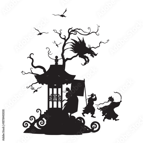 Silhouette of ancient warriors and dragon near pagoda tree