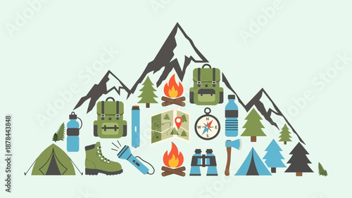 Camping Adventure Gear Collection on Mountain Background