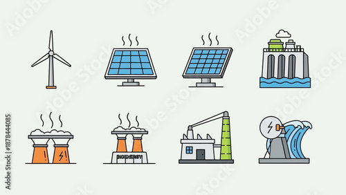 Clean Energy Sources Icons: Wind, Solar, Hydro, Nuclear, Geothermal, Factory