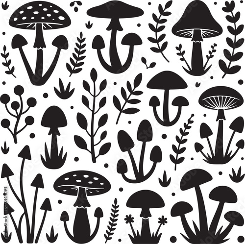 Black silhouettes of various mushrooms and plants on white background
