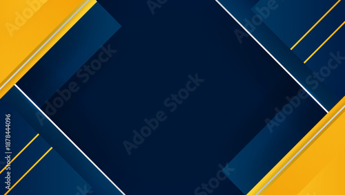 Abstract dark navy blue backdrop featuring diagonal yellow geometric shapes and glowing white lines for professional corporate presentation