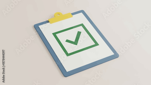 Clipboard with Green Check Mark in Square Box - Task Completed Concept
