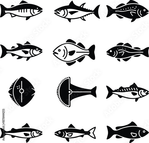 Collection of diverse fish species icons in black and white silhouette and outline styles