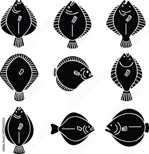 A collection of stylized flatfish illustrations showcasing various species like flounder and sole
