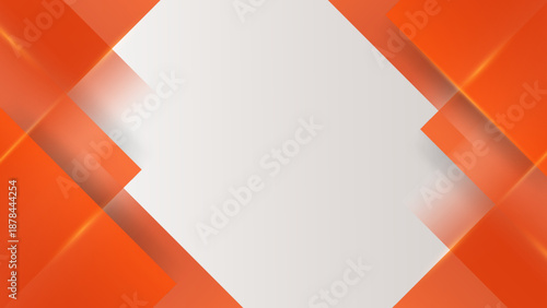 Dynamic composition of orange rectangular panels intersecting with soft light rays on a light grey surface
