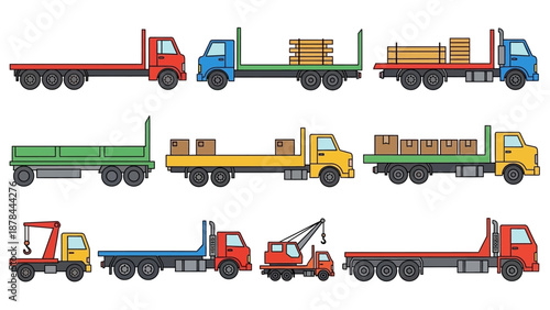 Collection of Flatbed Trucks and Cargo Vans - Vector Illustration