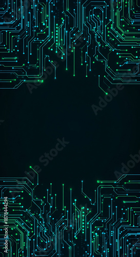 Cyberpunk Glow Circuit Board Background with Blue and Green Neon Digital Microchip Lines