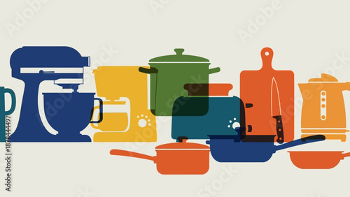 Colorful Kitchen Appliances and Utensils Collage - Modern Home Cooking Concept