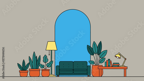 Cozy Living Room Scene with Sofa, Plants, and Desk - Flat Design