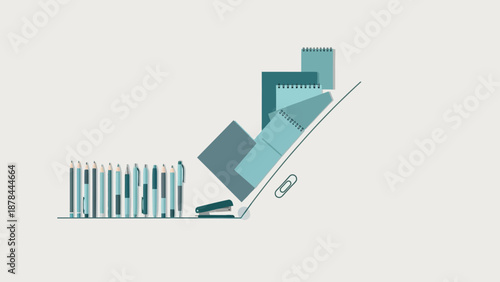 Creative office supplies stacked on a desk, planning and growth concept