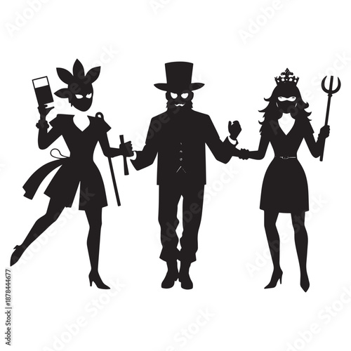 Silhouettes of three masked people in playful devilish costumes