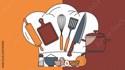 Culinary Tools and Ingredients Collage Inside Chef Hat