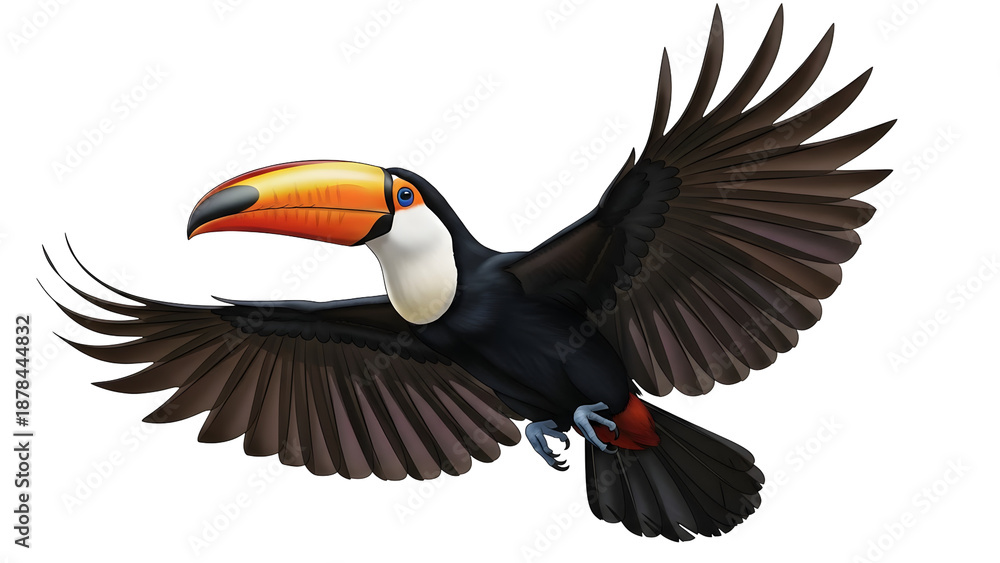 Obraz premium Vibrant toucan in flight isolated on transparent background