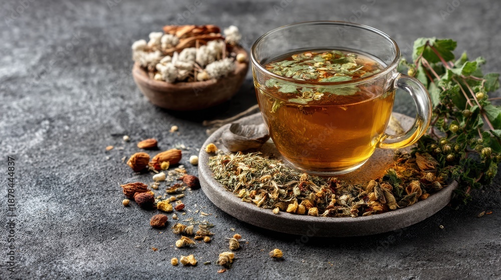 Fototapeta premium Cup of tea is placed on a table with various herbs and spices scattered around it. The scene gives off a cozy and inviting atmosphere