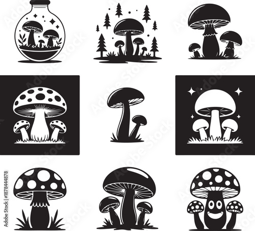 Collection of various mushroom illustrations in black and white