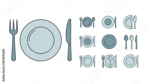 Dinner Plate Settings Icon Set - Flat Vector Illustration