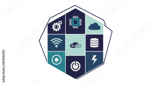 Digital Technology Icons Set: Cloud, CPU, Wi-Fi, Data, Power, Gear