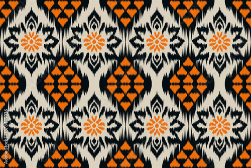 Motif ethnic handmade beautiful Ikat art print. Ethnic abstract floral botanical background art, folk embroidery, Damask, Indian, Asian, Moroccan, and Turkish style. Printed fabric art ornament.