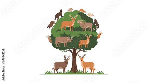 Diverse Wildlife Family Tree: Deer, Foxes, Squirrels, and Hedgehogs on Green Tree
