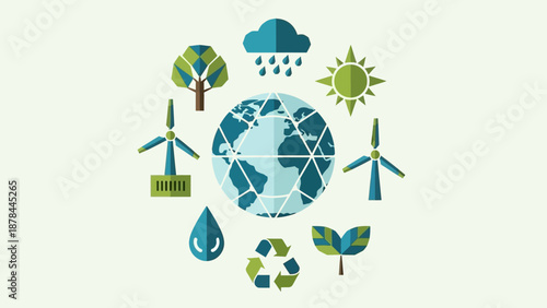 Eco-friendly concept: Earth, renewable energy, nature, sustainability icons