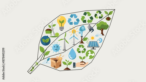 Eco-friendly leaf concept with renewable energy and recycling icons