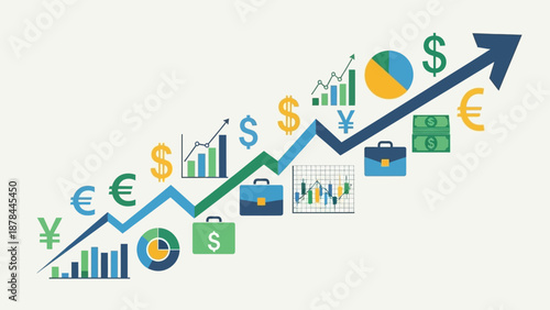 Financial Growth Chart with Currency Symbols and Business Icons