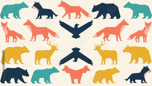 Flat Design Animals Pattern: Foxes, Bears, Deer, and Eagles on Cream Background