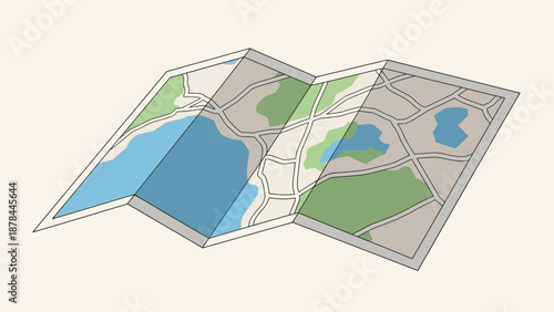 Folded Paper Map with City Streets, Parks, and Water - Overhead View